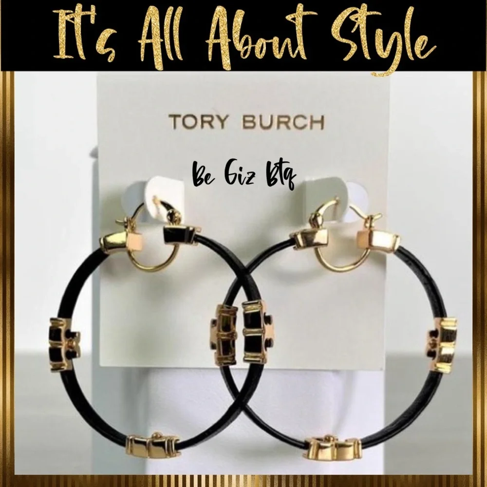 🆕 Authentic Tory Burch Gold Black Serif T & Leather Hoop Earrings - Picture 4 of 7